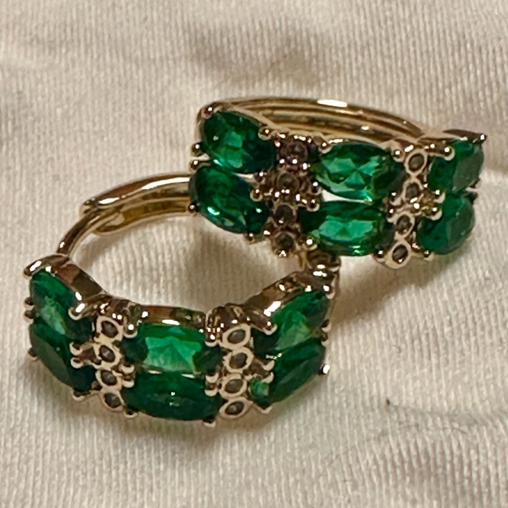 14K Gold Filled Green CZ Oval Huggie Earrings | Emerald Look Hoops - Picture 3 of 9